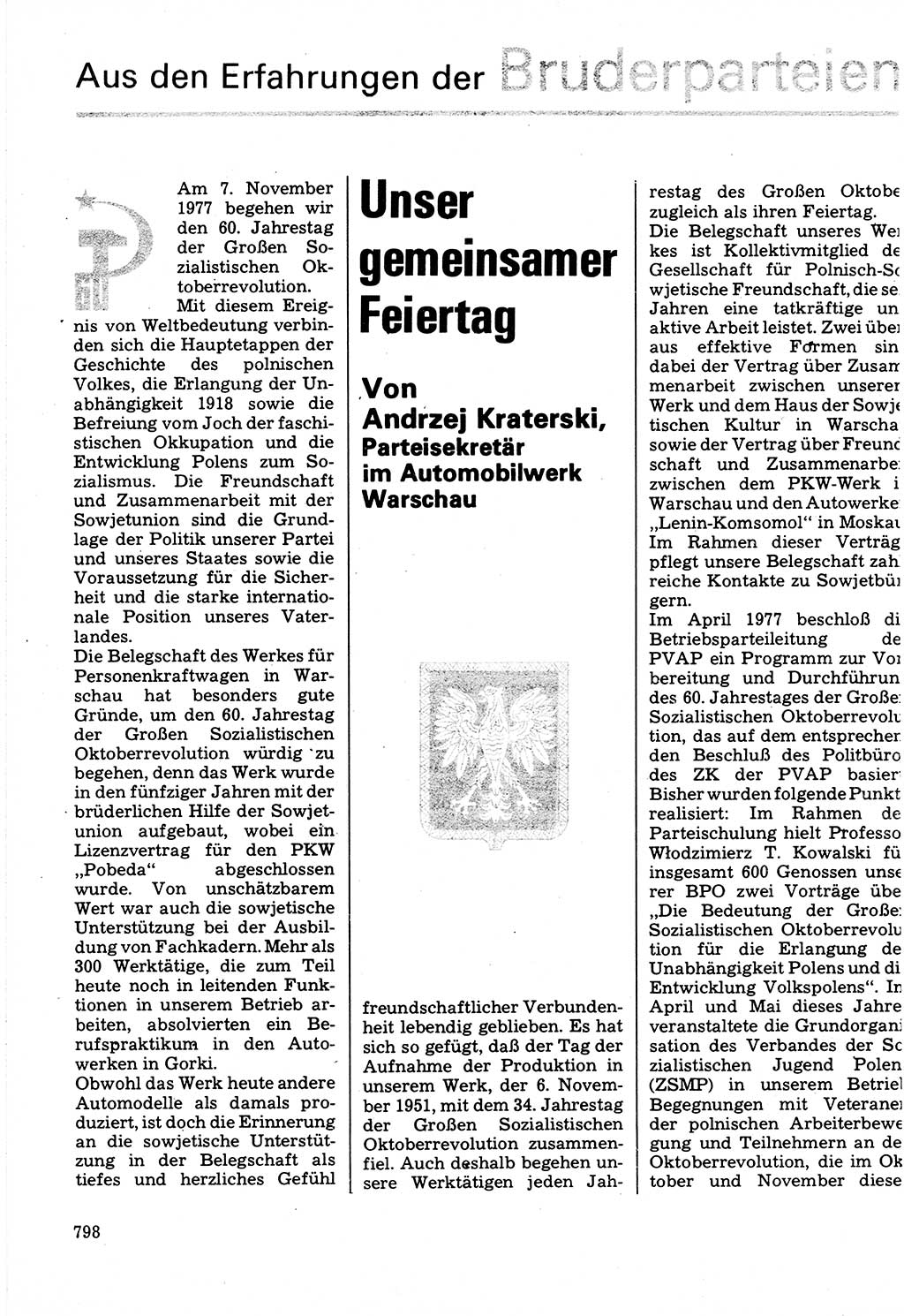 Neuer Weg (NW), Organ des Zentralkomitees (ZK) der SED (Sozialistische Einheitspartei Deutschlands) für Fragen des Parteilebens, 32. Jahrgang [Deutsche Demokratische Republik (DDR)] 1977, Seite 798 (NW ZK SED DDR 1977, S. 798)