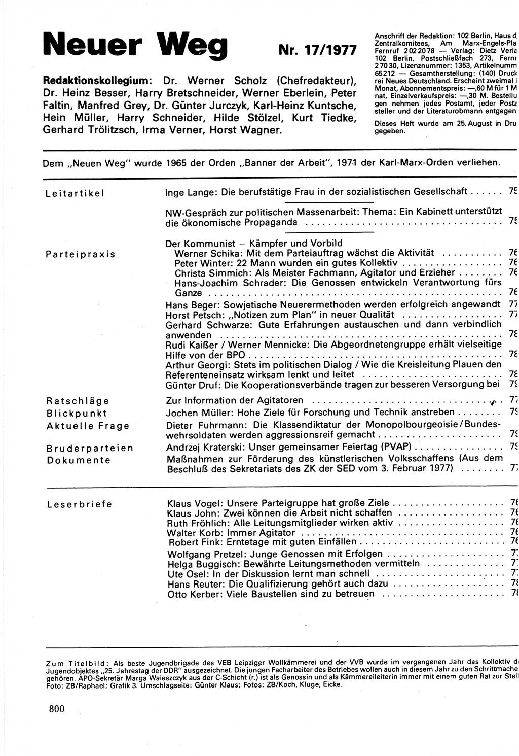 Neuer Weg (NW), Organ des Zentralkomitees (ZK) der SED (Sozialistische Einheitspartei Deutschlands) für Fragen des Parteilebens, 32. Jahrgang [Deutsche Demokratische Republik (DDR)] 1977, Seite 800 (NW ZK SED DDR 1977, S. 800)