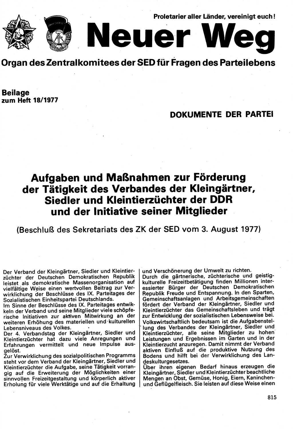 Neuer Weg (NW), Organ des Zentralkomitees (ZK) der SED (Sozialistische Einheitspartei Deutschlands) für Fragen des Parteilebens, 32. Jahrgang [Deutsche Demokratische Republik (DDR)] 1977, Seite 815 (NW ZK SED DDR 1977, S. 815)