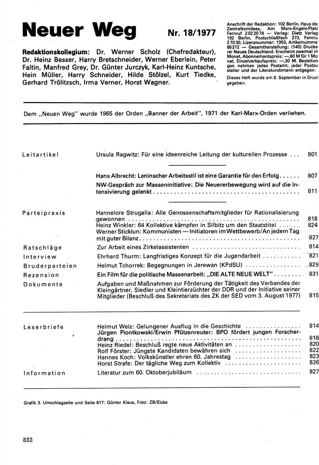 Neuer Weg (NW), Organ des Zentralkomitees (ZK) der SED (Sozialistische Einheitspartei Deutschlands) für Fragen des Parteilebens, 32. Jahrgang [Deutsche Demokratische Republik (DDR)] 1977, Seite 832 (NW ZK SED DDR 1977, S. 832)
