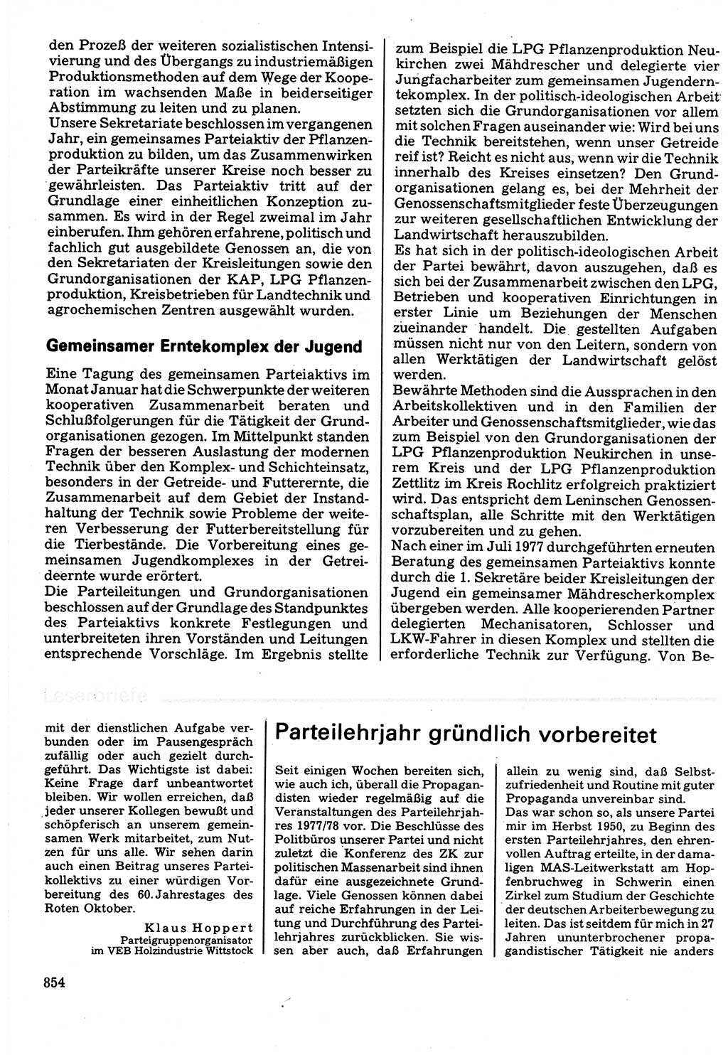 Neuer Weg (NW), Organ des Zentralkomitees (ZK) der SED (Sozialistische Einheitspartei Deutschlands) für Fragen des Parteilebens, 32. Jahrgang [Deutsche Demokratische Republik (DDR)] 1977, Seite 854 (NW ZK SED DDR 1977, S. 854)