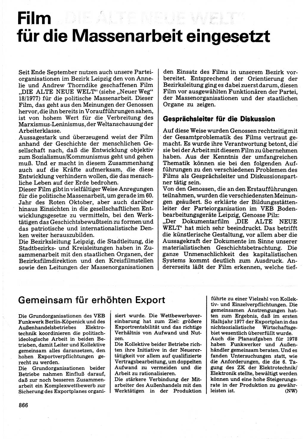 Neuer Weg (NW), Organ des Zentralkomitees (ZK) der SED (Sozialistische Einheitspartei Deutschlands) für Fragen des Parteilebens, 32. Jahrgang [Deutsche Demokratische Republik (DDR)] 1977, Seite 866 (NW ZK SED DDR 1977, S. 866)