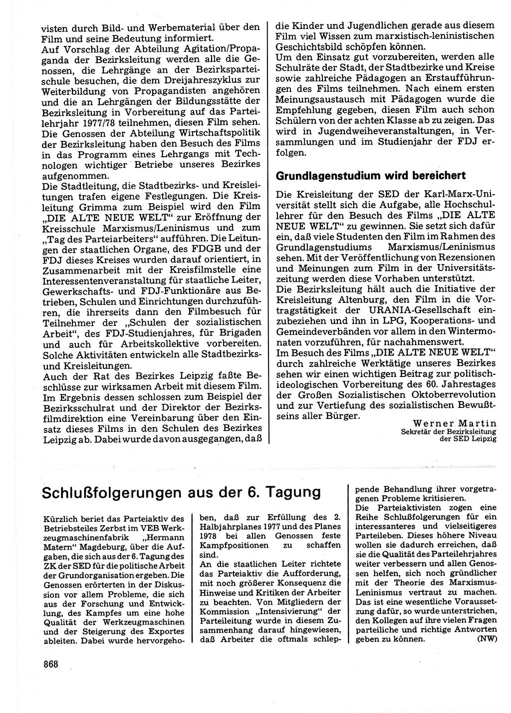 Neuer Weg (NW), Organ des Zentralkomitees (ZK) der SED (Sozialistische Einheitspartei Deutschlands) für Fragen des Parteilebens, 32. Jahrgang [Deutsche Demokratische Republik (DDR)] 1977, Seite 868 (NW ZK SED DDR 1977, S. 868)