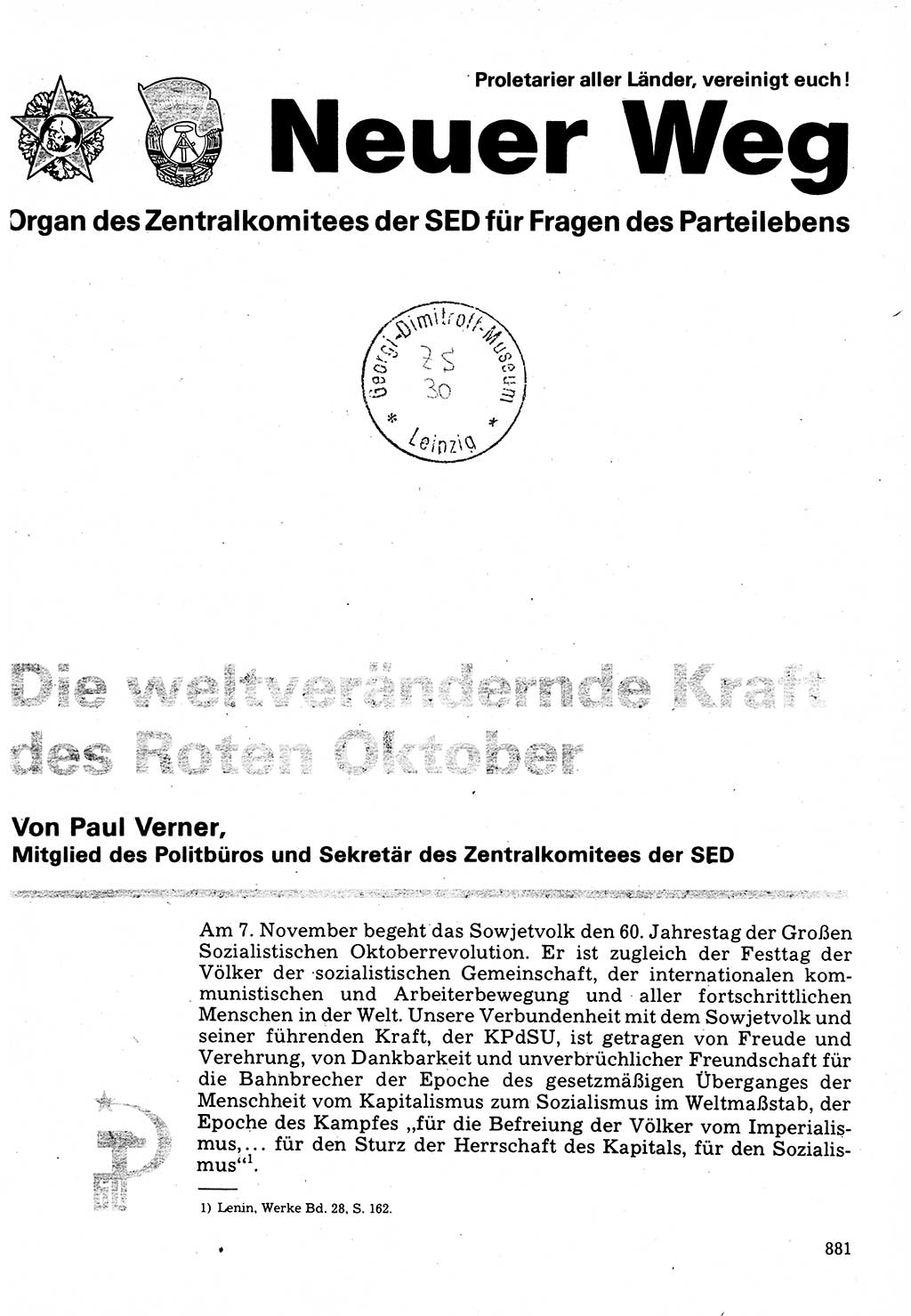 Neuer Weg (NW), Organ des Zentralkomitees (ZK) der SED (Sozialistische Einheitspartei Deutschlands) für Fragen des Parteilebens, 32. Jahrgang [Deutsche Demokratische Republik (DDR)] 1977, Seite 881 (NW ZK SED DDR 1977, S. 881)