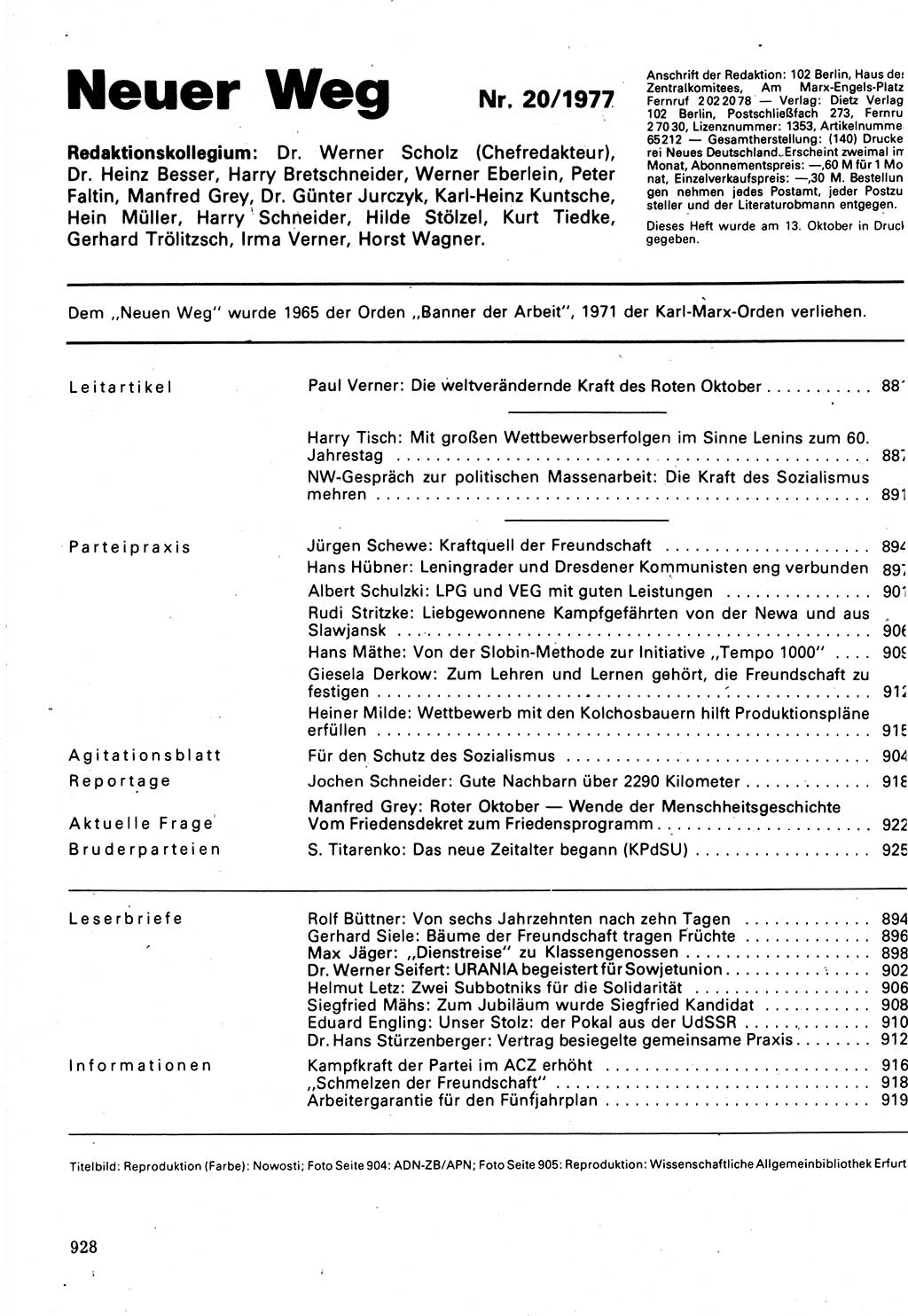 Neuer Weg (NW), Organ des Zentralkomitees (ZK) der SED (Sozialistische Einheitspartei Deutschlands) für Fragen des Parteilebens, 32. Jahrgang [Deutsche Demokratische Republik (DDR)] 1977, Seite 928 (NW ZK SED DDR 1977, S. 928)