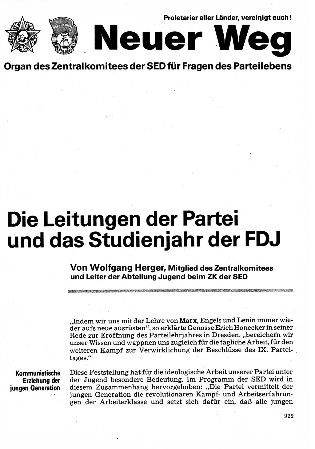 Neuer Weg (NW), Organ des Zentralkomitees (ZK) der SED (Sozialistische Einheitspartei Deutschlands) für Fragen des Parteilebens, 32. Jahrgang [Deutsche Demokratische Republik (DDR)] 1977, Seite 929 (NW ZK SED DDR 1977, S. 929)