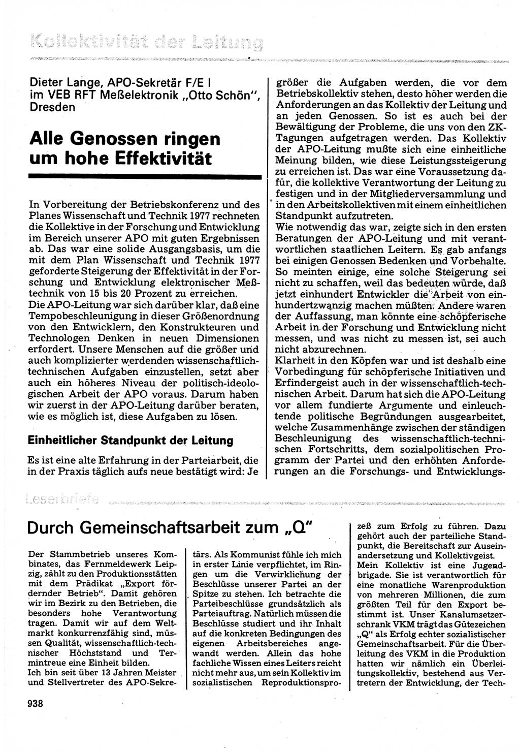 Neuer Weg (NW), Organ des Zentralkomitees (ZK) der SED (Sozialistische Einheitspartei Deutschlands) für Fragen des Parteilebens, 32. Jahrgang [Deutsche Demokratische Republik (DDR)] 1977, Seite 938 (NW ZK SED DDR 1977, S. 938)