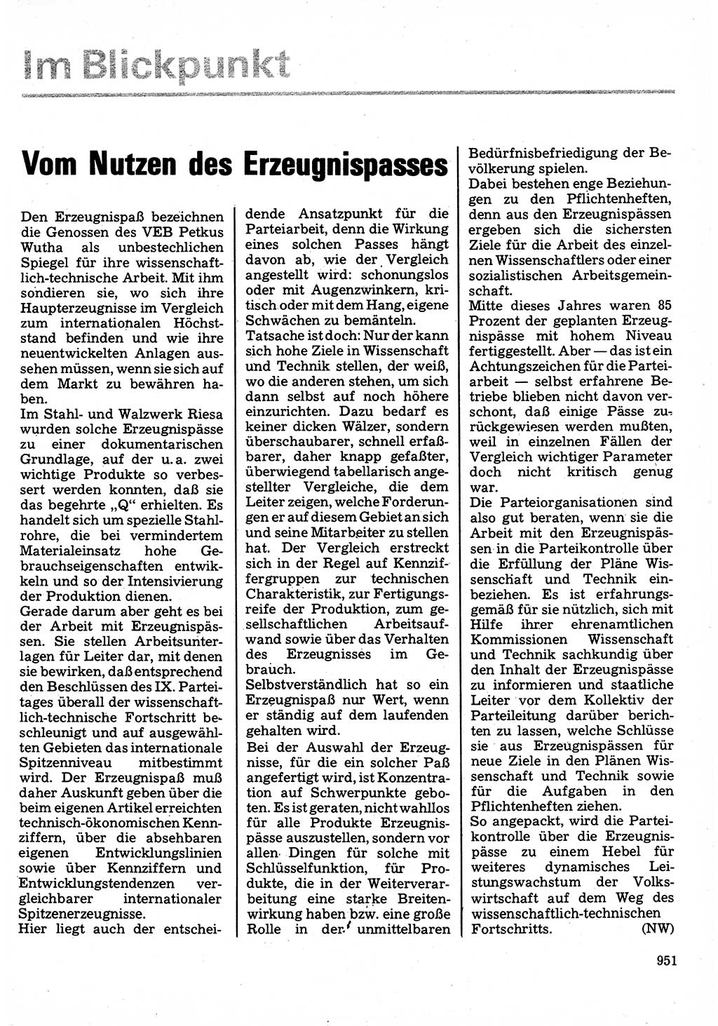Neuer Weg (NW), Organ des Zentralkomitees (ZK) der SED (Sozialistische Einheitspartei Deutschlands) für Fragen des Parteilebens, 32. Jahrgang [Deutsche Demokratische Republik (DDR)] 1977, Seite 951 (NW ZK SED DDR 1977, S. 951)