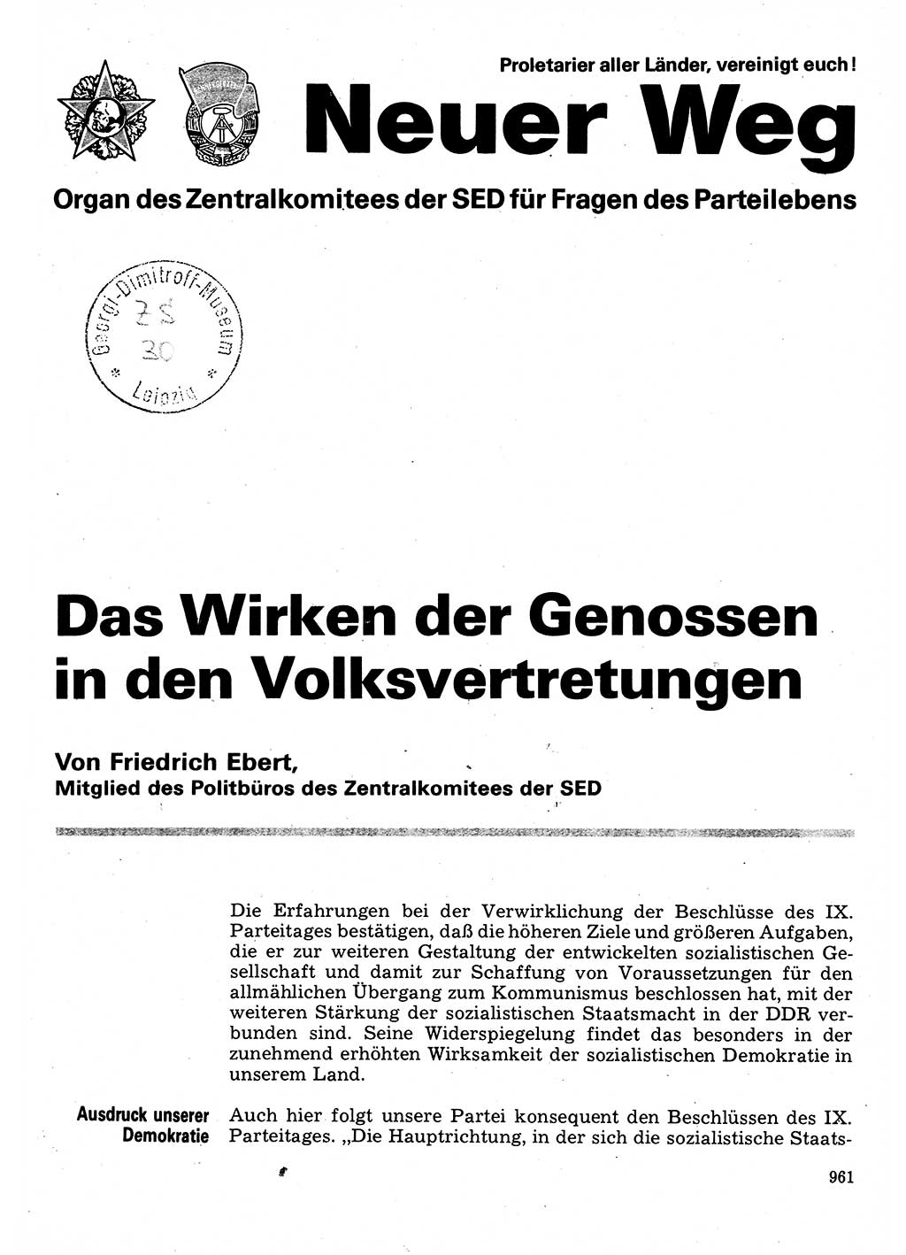 Neuer Weg (NW), Organ des Zentralkomitees (ZK) der SED (Sozialistische Einheitspartei Deutschlands) für Fragen des Parteilebens, 32. Jahrgang [Deutsche Demokratische Republik (DDR)] 1977, Seite 961 (NW ZK SED DDR 1977, S. 961)