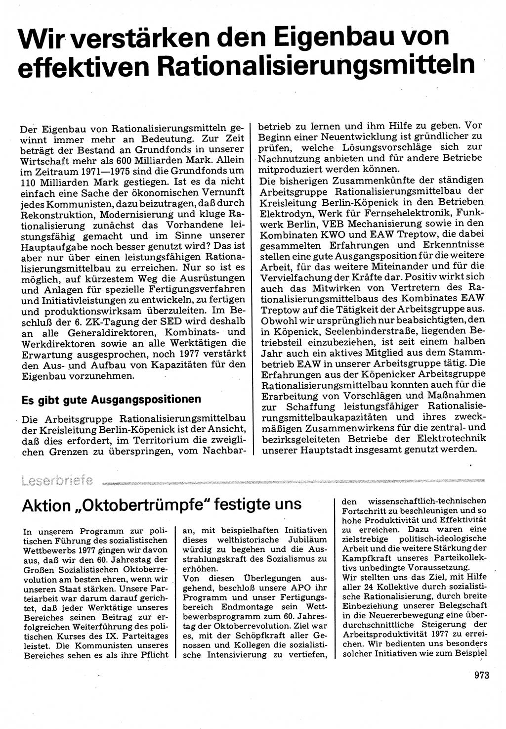 Neuer Weg (NW), Organ des Zentralkomitees (ZK) der SED (Sozialistische Einheitspartei Deutschlands) für Fragen des Parteilebens, 32. Jahrgang [Deutsche Demokratische Republik (DDR)] 1977, Seite 973 (NW ZK SED DDR 1977, S. 973)