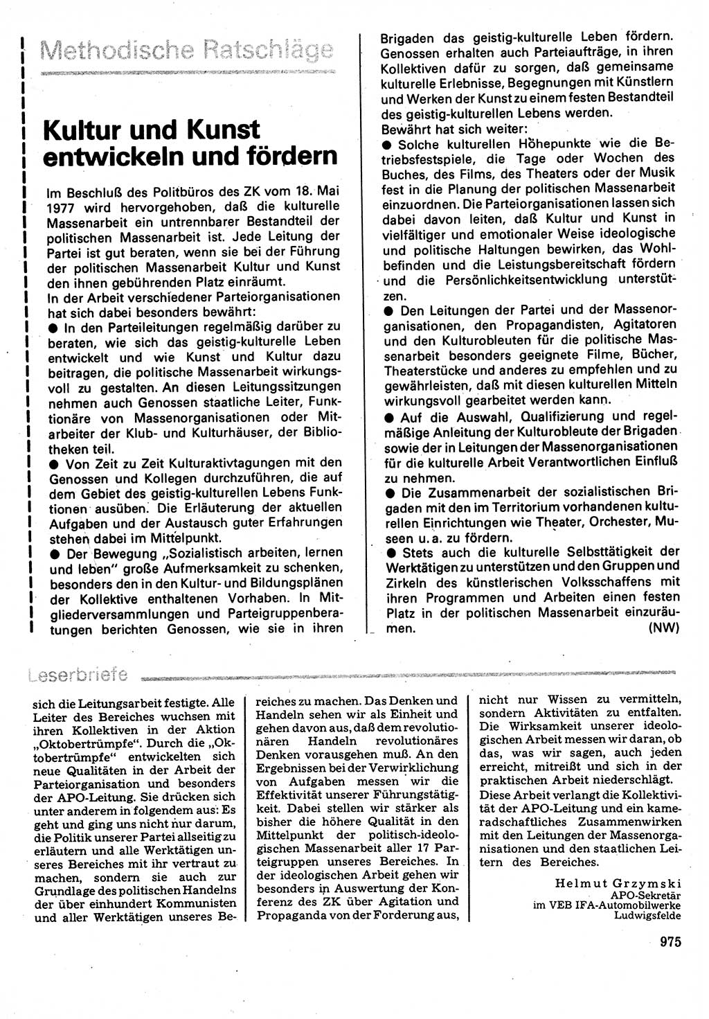 Neuer Weg (NW), Organ des Zentralkomitees (ZK) der SED (Sozialistische Einheitspartei Deutschlands) für Fragen des Parteilebens, 32. Jahrgang [Deutsche Demokratische Republik (DDR)] 1977, Seite 975 (NW ZK SED DDR 1977, S. 975)