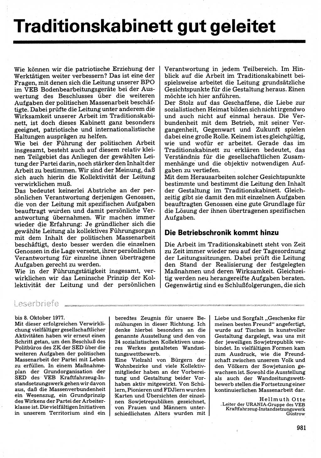 Neuer Weg (NW), Organ des Zentralkomitees (ZK) der SED (Sozialistische Einheitspartei Deutschlands) für Fragen des Parteilebens, 32. Jahrgang [Deutsche Demokratische Republik (DDR)] 1977, Seite 981 (NW ZK SED DDR 1977, S. 981)