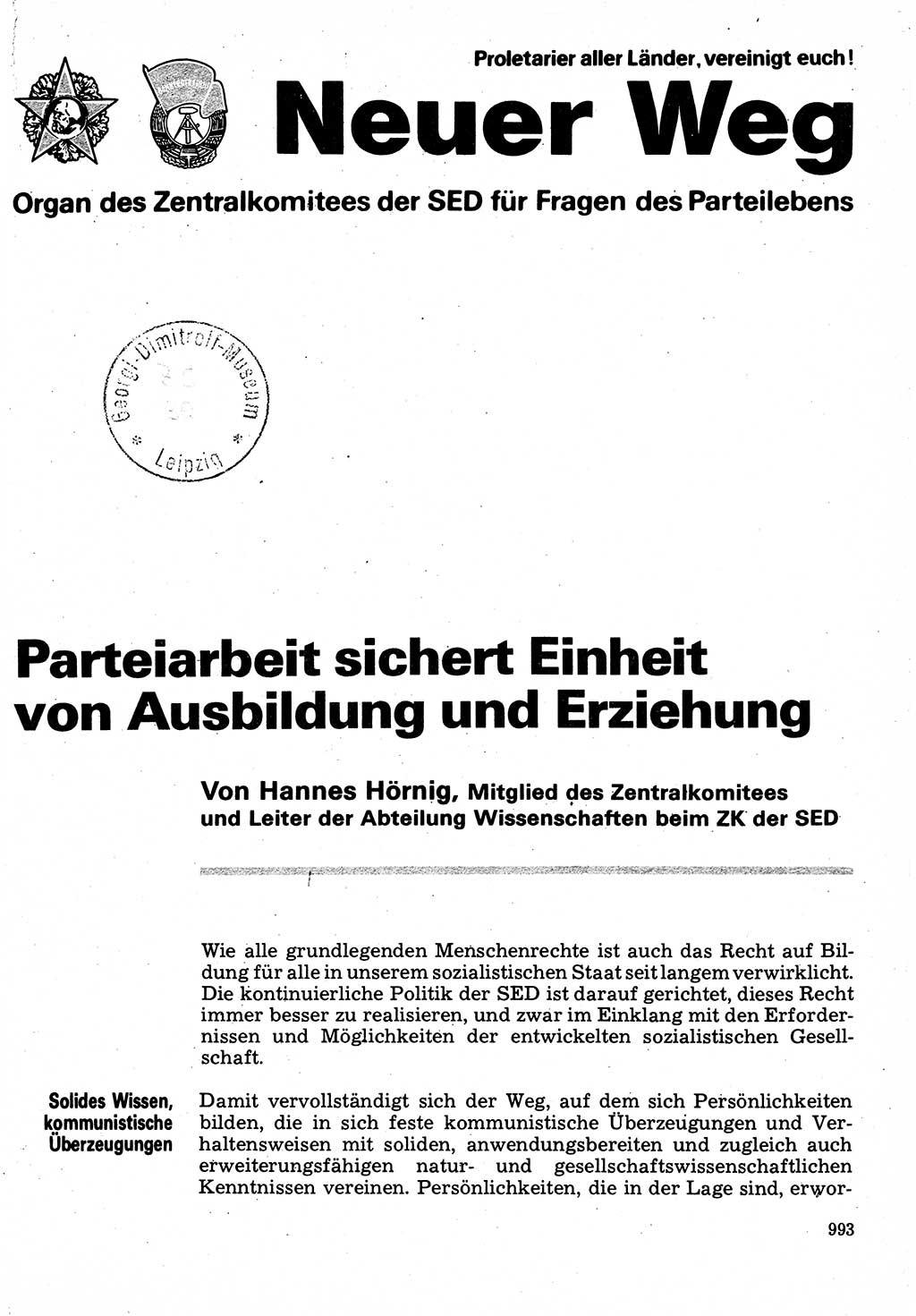 Neuer Weg (NW), Organ des Zentralkomitees (ZK) der SED (Sozialistische Einheitspartei Deutschlands) für Fragen des Parteilebens, 32. Jahrgang [Deutsche Demokratische Republik (DDR)] 1977, Seite 993 (NW ZK SED DDR 1977, S. 993)