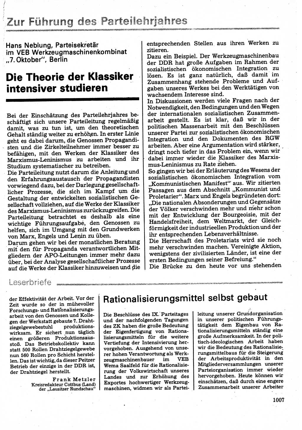 Neuer Weg (NW), Organ des Zentralkomitees (ZK) der SED (Sozialistische Einheitspartei Deutschlands) für Fragen des Parteilebens, 32. Jahrgang [Deutsche Demokratische Republik (DDR)] 1977, Seite 1007 (NW ZK SED DDR 1977, S. 1007)