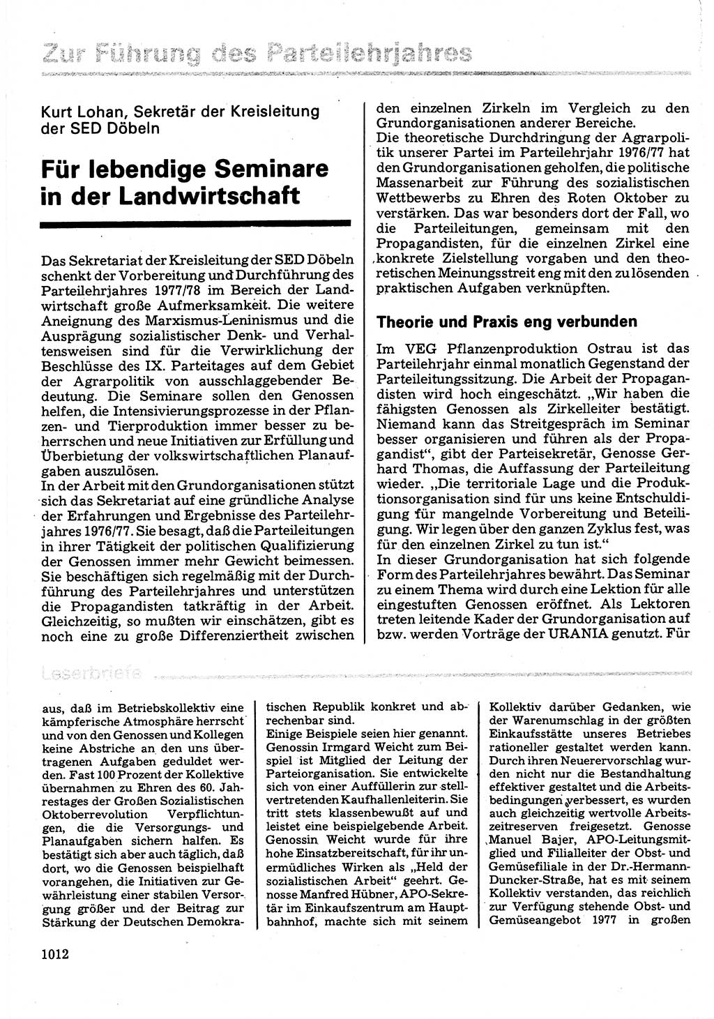 Neuer Weg (NW), Organ des Zentralkomitees (ZK) der SED (Sozialistische Einheitspartei Deutschlands) für Fragen des Parteilebens, 32. Jahrgang [Deutsche Demokratische Republik (DDR)] 1977, Seite 1012 (NW ZK SED DDR 1977, S. 1012)