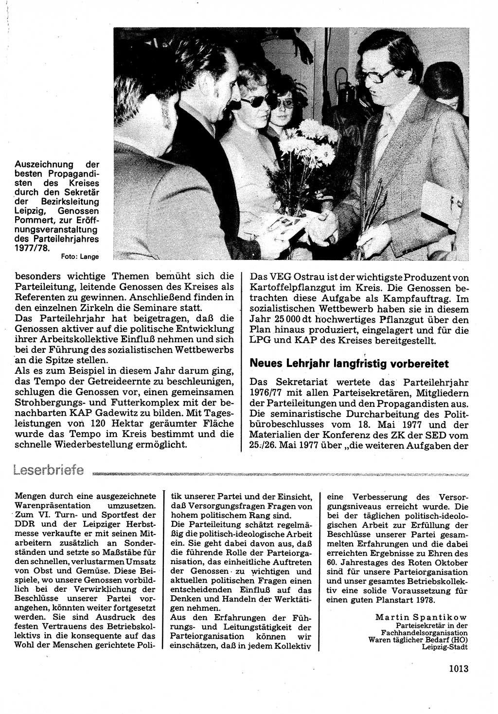 Neuer Weg (NW), Organ des Zentralkomitees (ZK) der SED (Sozialistische Einheitspartei Deutschlands) fÃ¼r Fragen des Parteilebens, 32. Jahrgang [Deutsche Demokratische Republik (DDR)] 1977, Seite 1013 (NW ZK SED DDR 1977, S. 1013)