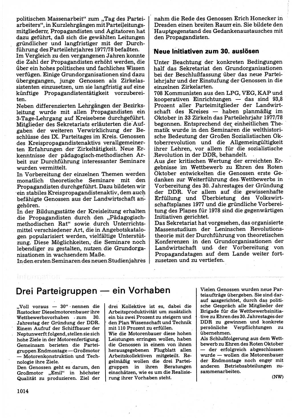 Neuer Weg (NW), Organ des Zentralkomitees (ZK) der SED (Sozialistische Einheitspartei Deutschlands) für Fragen des Parteilebens, 32. Jahrgang [Deutsche Demokratische Republik (DDR)] 1977, Seite 1014 (NW ZK SED DDR 1977, S. 1014)