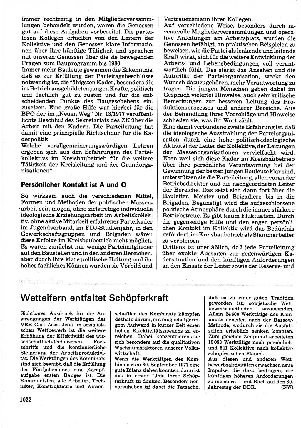 Neuer Weg (NW), Organ des Zentralkomitees (ZK) der SED (Sozialistische Einheitspartei Deutschlands) für Fragen des Parteilebens, 32. Jahrgang [Deutsche Demokratische Republik (DDR)] 1977, Seite 1022 (NW ZK SED DDR 1977, S. 1022)