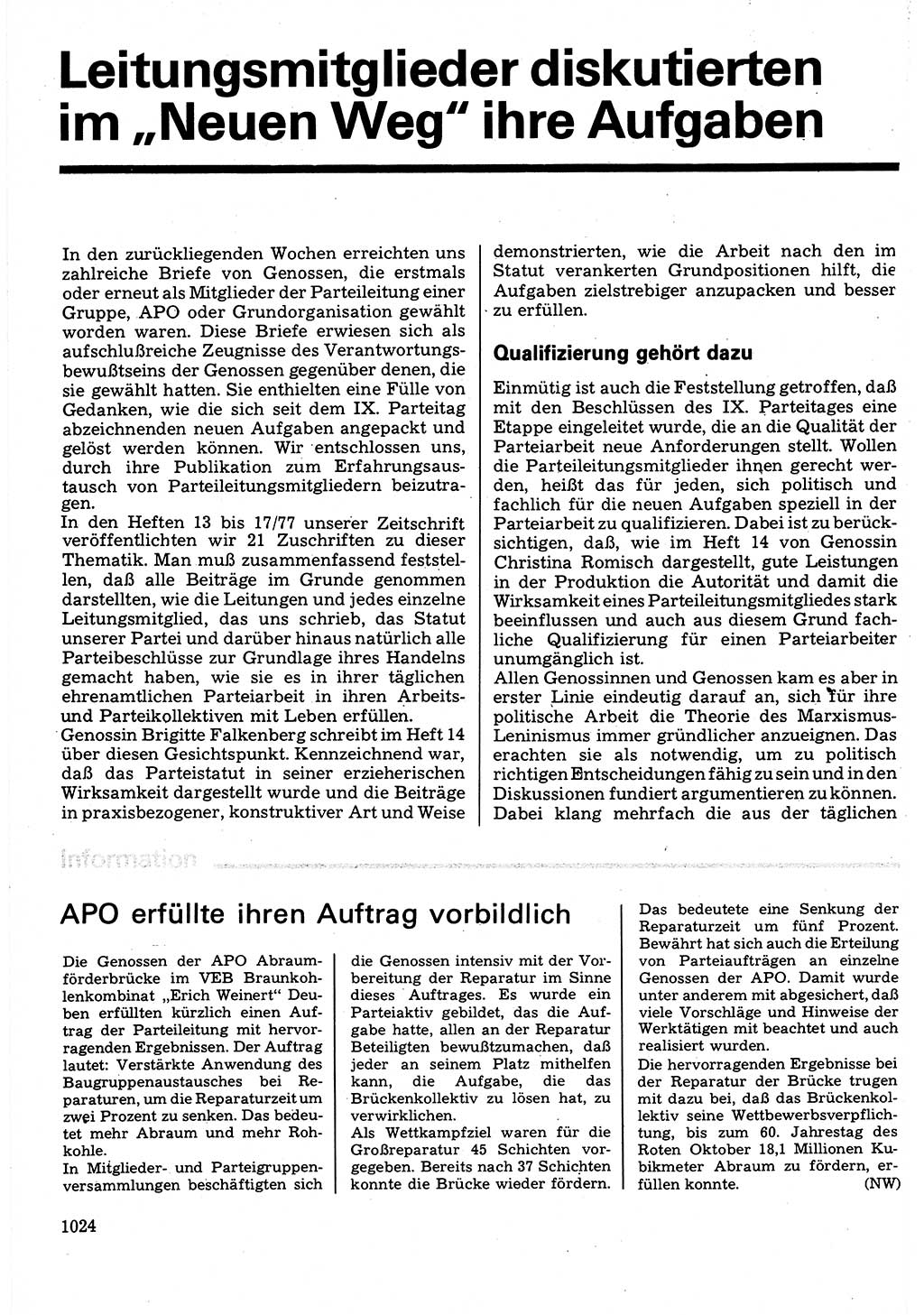 Neuer Weg (NW), Organ des Zentralkomitees (ZK) der SED (Sozialistische Einheitspartei Deutschlands) für Fragen des Parteilebens, 32. Jahrgang [Deutsche Demokratische Republik (DDR)] 1977, Seite 1024 (NW ZK SED DDR 1977, S. 1024)