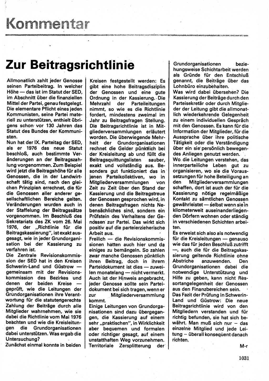 Neuer Weg (NW), Organ des Zentralkomitees (ZK) der SED (Sozialistische Einheitspartei Deutschlands) für Fragen des Parteilebens, 32. Jahrgang [Deutsche Demokratische Republik (DDR)] 1977, Seite 1031 (NW ZK SED DDR 1977, S. 1031)