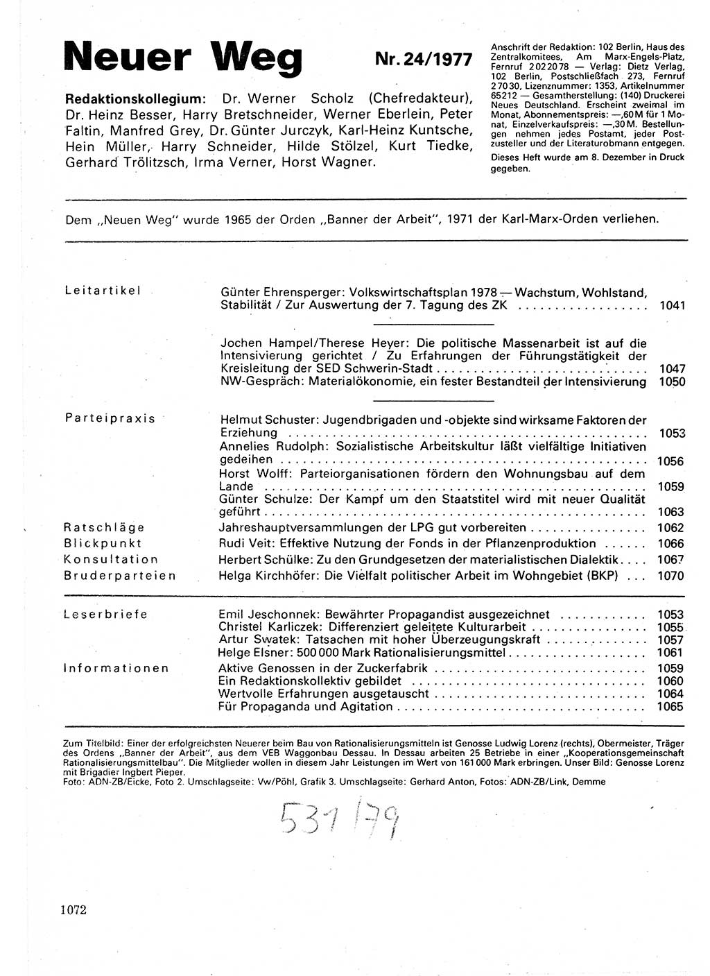Neuer Weg (NW), Organ des Zentralkomitees (ZK) der SED (Sozialistische Einheitspartei Deutschlands) für Fragen des Parteilebens, 32. Jahrgang [Deutsche Demokratische Republik (DDR)] 1977, Seite 1072 (NW ZK SED DDR 1977, S. 1072)