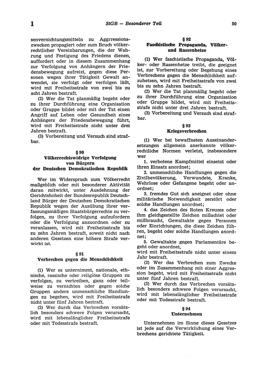 Strafgesetzbuch (StGB) der Deutschen Demokratischen Republik (DDR) und angrenzende Gesetze und Bestimmungen 1977, Seite 50 (StGB DDR Ges. Best. 1977, S. 50)