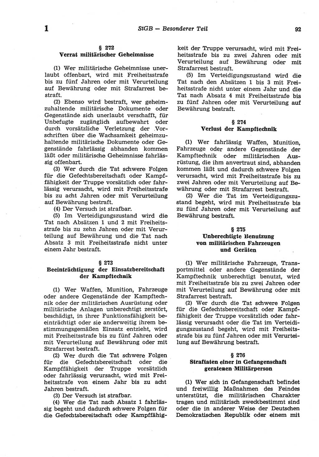 Strafgesetzbuch (StGB) der Deutschen Demokratischen Republik (DDR) und angrenzende Gesetze und Bestimmungen 1977, Seite 92 (StGB DDR Ges. Best. 1977, S. 92)
