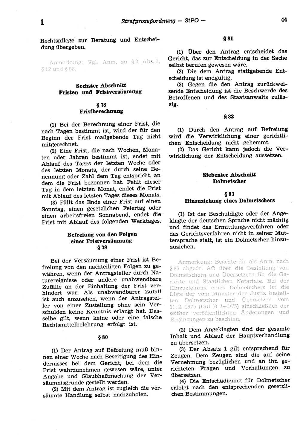 Strafprozeßordnung (StPO) der Deutschen Demokratischen Republik (DDR) sowie angrenzende Gesetze und Bestimmungen 1977, Seite 44 (StPO DDR Ges. Best. 1977, S. 44)