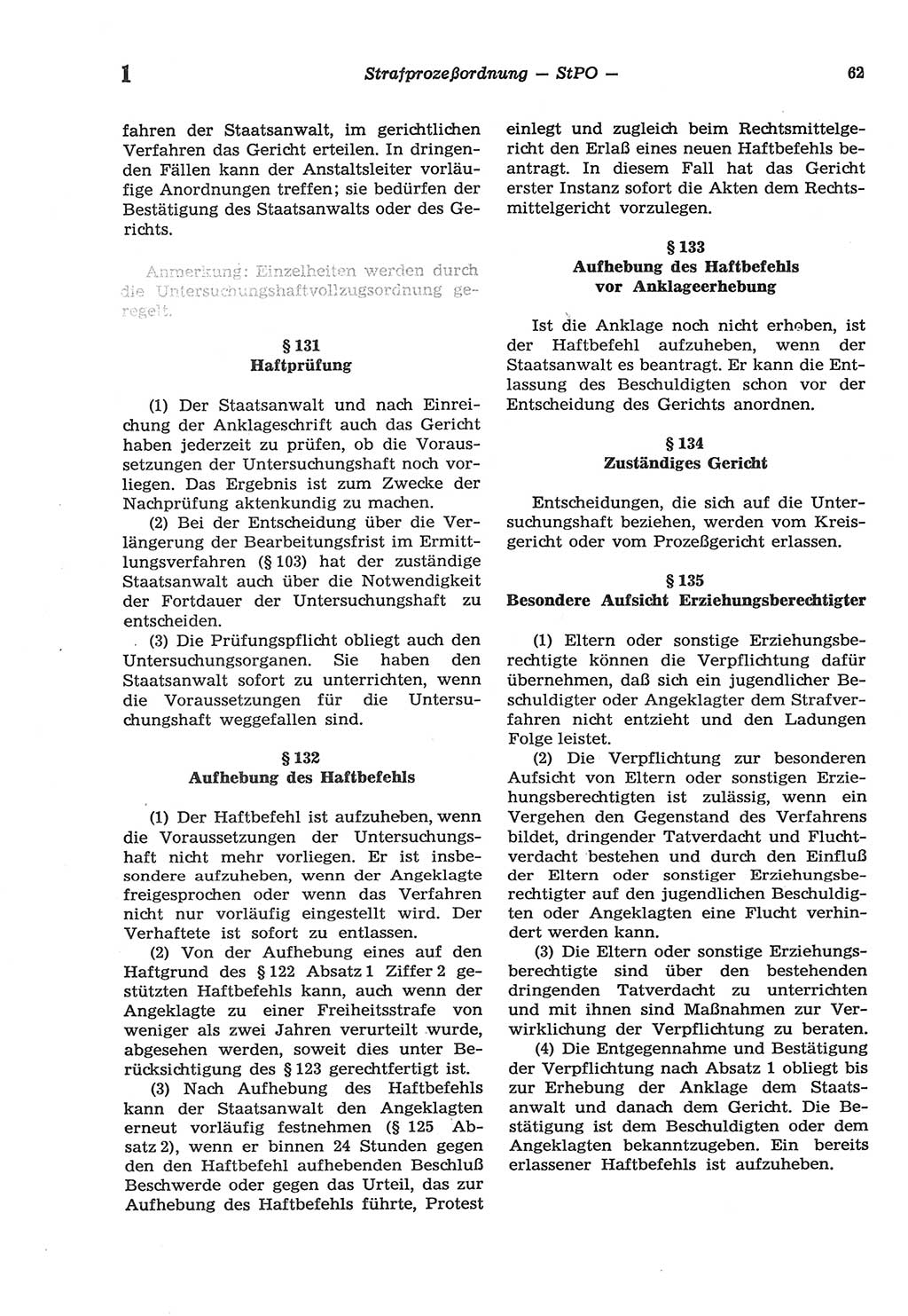 Strafprozeßordnung (StPO) der Deutschen Demokratischen Republik (DDR) sowie angrenzende Gesetze und Bestimmungen 1977, Seite 62 (StPO DDR Ges. Best. 1977, S. 62)