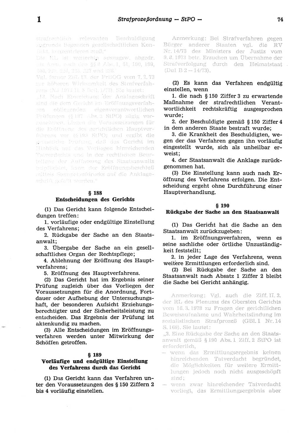 Strafprozeßordnung (StPO) der Deutschen Demokratischen Republik (DDR) sowie angrenzende Gesetze und Bestimmungen 1977, Seite 74 (StPO DDR Ges. Best. 1977, S. 74)