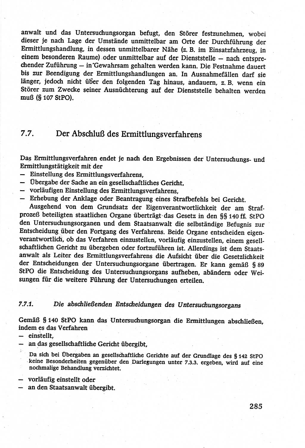 Strafverfahrensrecht [Deutsche Demokratische Republik (DDR)], Lehrbuch 1977, Seite 285 (Strafverf.-R. DDR Lb. 1977, S. 285)