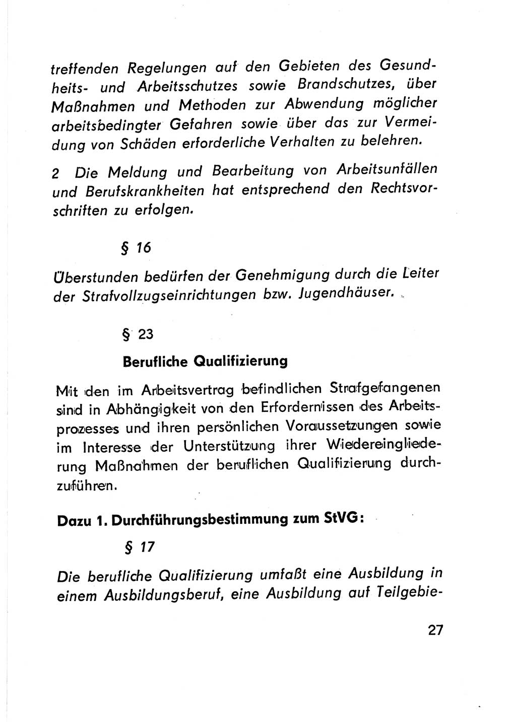 Gesetz über den Vollzug der Strafen mit Freiheitsentzug (Strafvollzugsgesetz) - StVG - [Deutsche Demokratische Republik (DDR)] 1977, Seite 27 (StVG DDR 1977, S. 27)