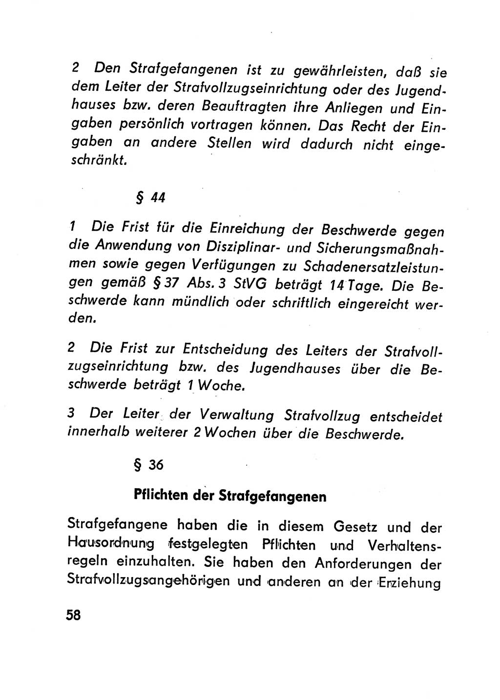 Gesetz über den Vollzug der Strafen mit Freiheitsentzug (Strafvollzugsgesetz) - StVG - [Deutsche Demokratische Republik (DDR)] 1977, Seite 58 (StVG DDR 1977, S. 58)