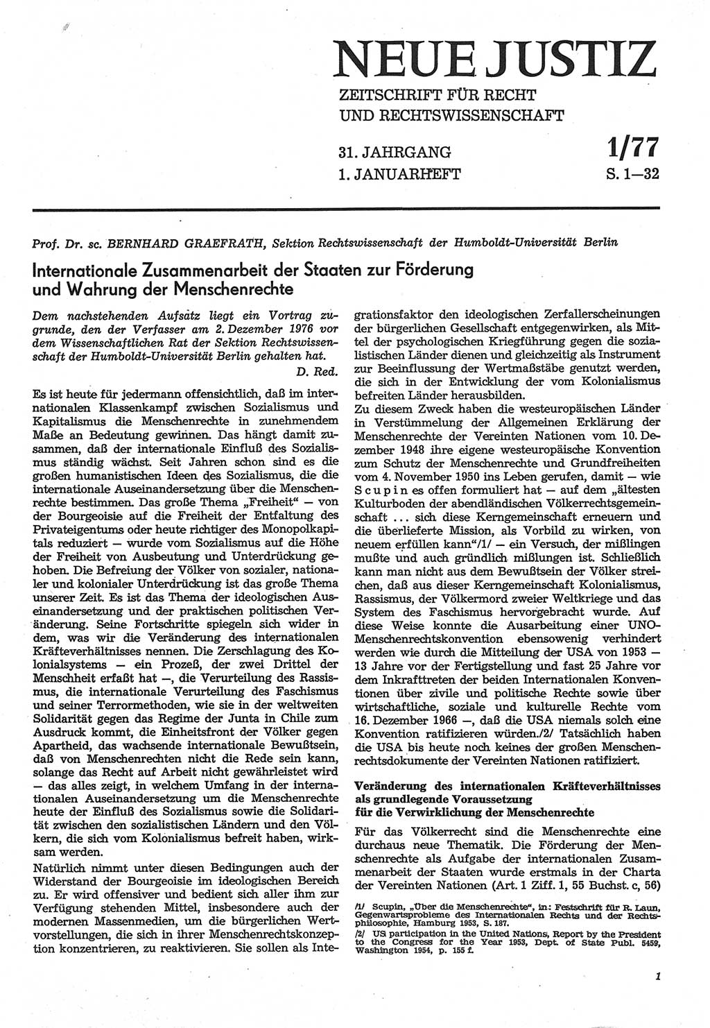 Neue Justiz (NJ), Zeitschrift für Recht und Rechtswissenschaft-Zeitschrift, sozialistisches Recht und Gesetzlichkeit, 31. Jahrgang 1977, Seite 1 (NJ DDR 1977, S. 1)