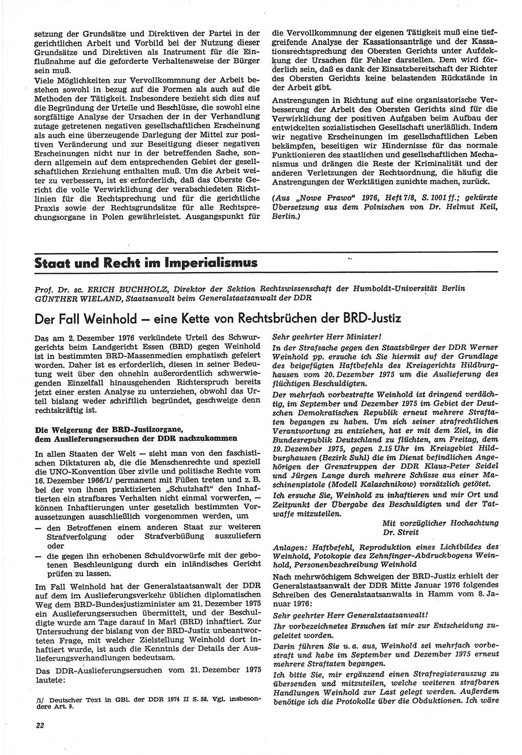 Neue Justiz (NJ), Zeitschrift für Recht und Rechtswissenschaft-Zeitschrift, sozialistisches Recht und Gesetzlichkeit, 31. Jahrgang 1977, Seite 22 (NJ DDR 1977, S. 22)
