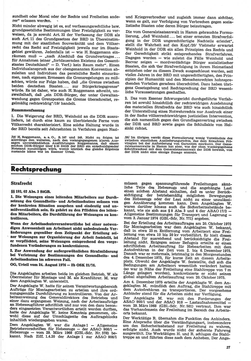 Neue Justiz (NJ), Zeitschrift für Recht und Rechtswissenschaft-Zeitschrift, sozialistisches Recht und Gesetzlichkeit, 31. Jahrgang 1977, Seite 27 (NJ DDR 1977, S. 27)