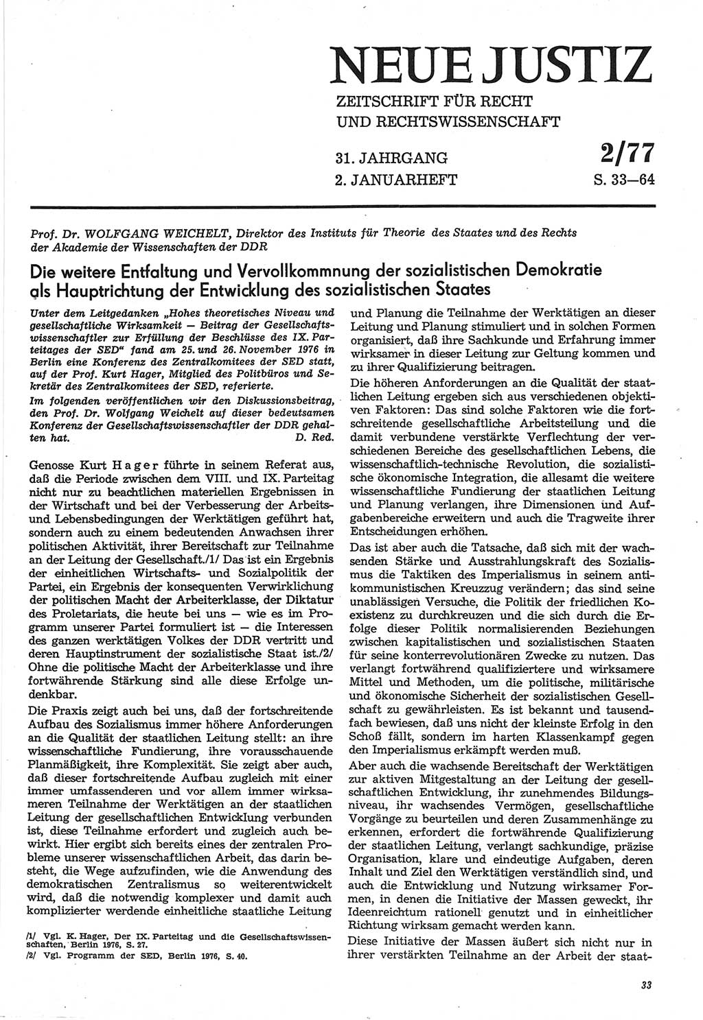 Neue Justiz (NJ), Zeitschrift für Recht und Rechtswissenschaft-Zeitschrift, sozialistisches Recht und Gesetzlichkeit, 31. Jahrgang 1977, Seite 33 (NJ DDR 1977, S. 33)