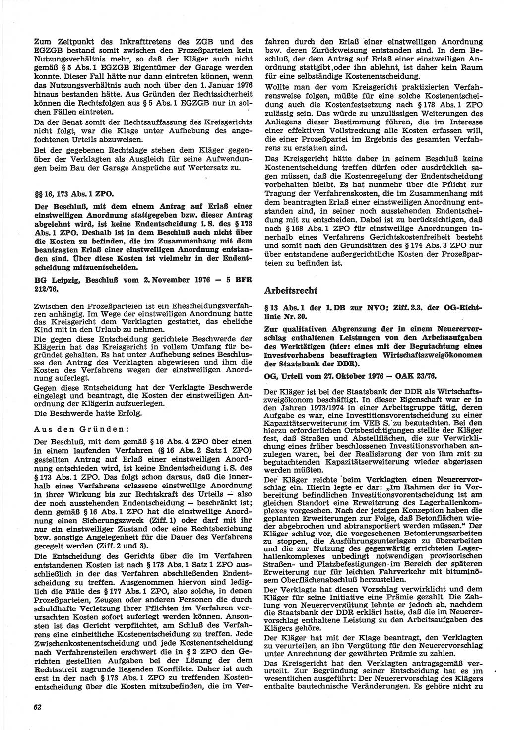 Neue Justiz (NJ), Zeitschrift für Recht und Rechtswissenschaft-Zeitschrift, sozialistisches Recht und Gesetzlichkeit, 31. Jahrgang 1977, Seite 62 (NJ DDR 1977, S. 62)