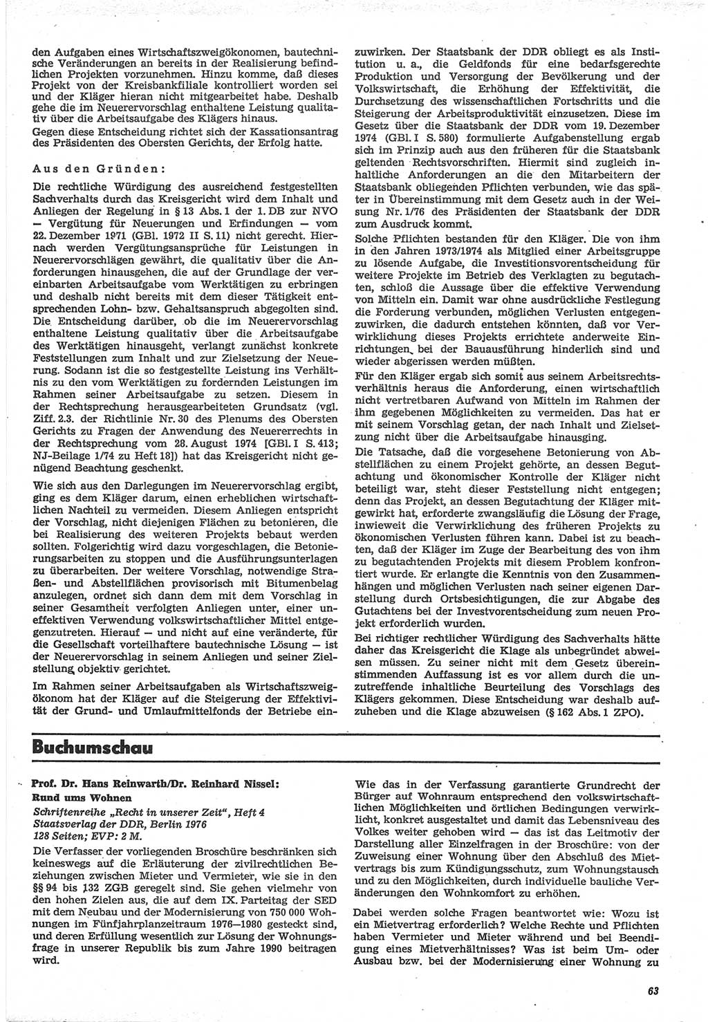 Neue Justiz (NJ), Zeitschrift für Recht und Rechtswissenschaft-Zeitschrift, sozialistisches Recht und Gesetzlichkeit, 31. Jahrgang 1977, Seite 63 (NJ DDR 1977, S. 63)