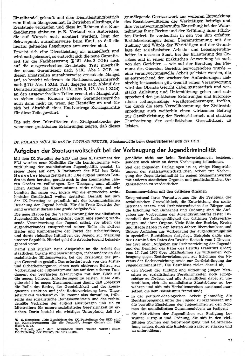 Neue Justiz (NJ), Zeitschrift für Recht und Rechtswissenschaft-Zeitschrift, sozialistisches Recht und Gesetzlichkeit, 31. Jahrgang 1977, Seite 71 (NJ DDR 1977, S. 71)