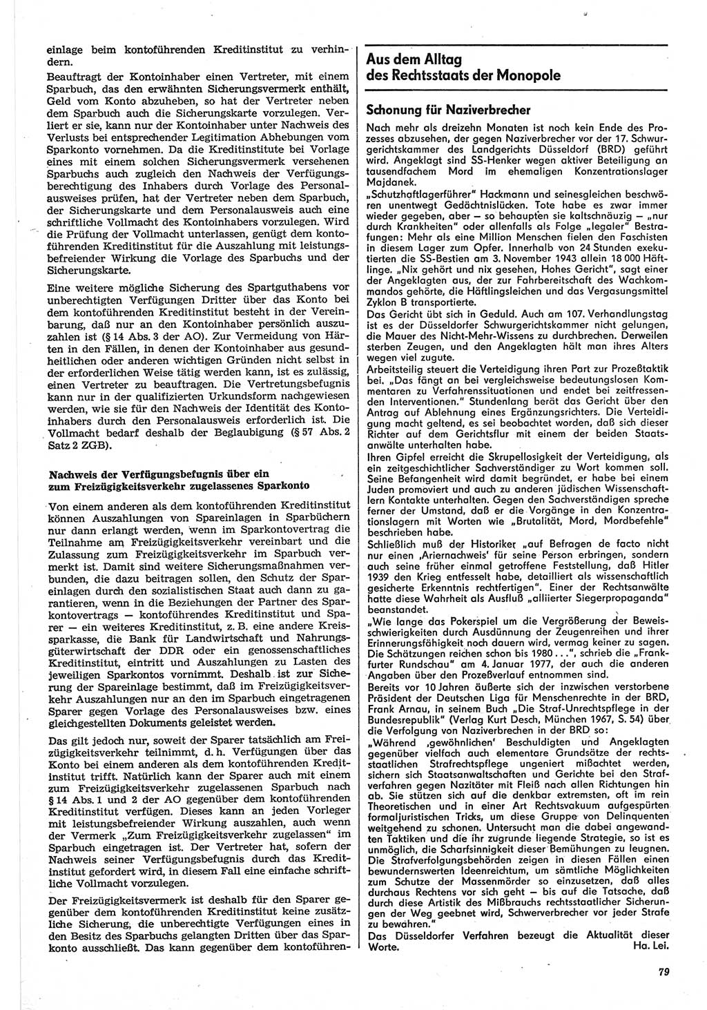 Neue Justiz (NJ), Zeitschrift für Recht und Rechtswissenschaft-Zeitschrift, sozialistisches Recht und Gesetzlichkeit, 31. Jahrgang 1977, Seite 79 (NJ DDR 1977, S. 79)