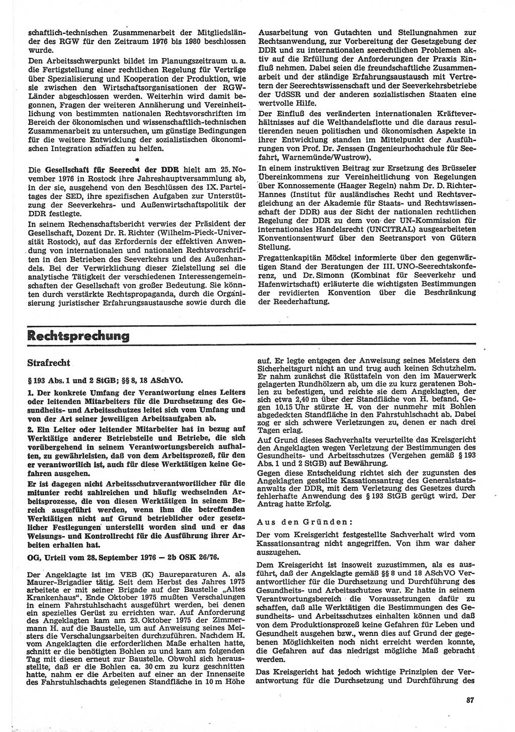 Neue Justiz (NJ), Zeitschrift für Recht und Rechtswissenschaft-Zeitschrift, sozialistisches Recht und Gesetzlichkeit, 31. Jahrgang 1977, Seite 87 (NJ DDR 1977, S. 87)