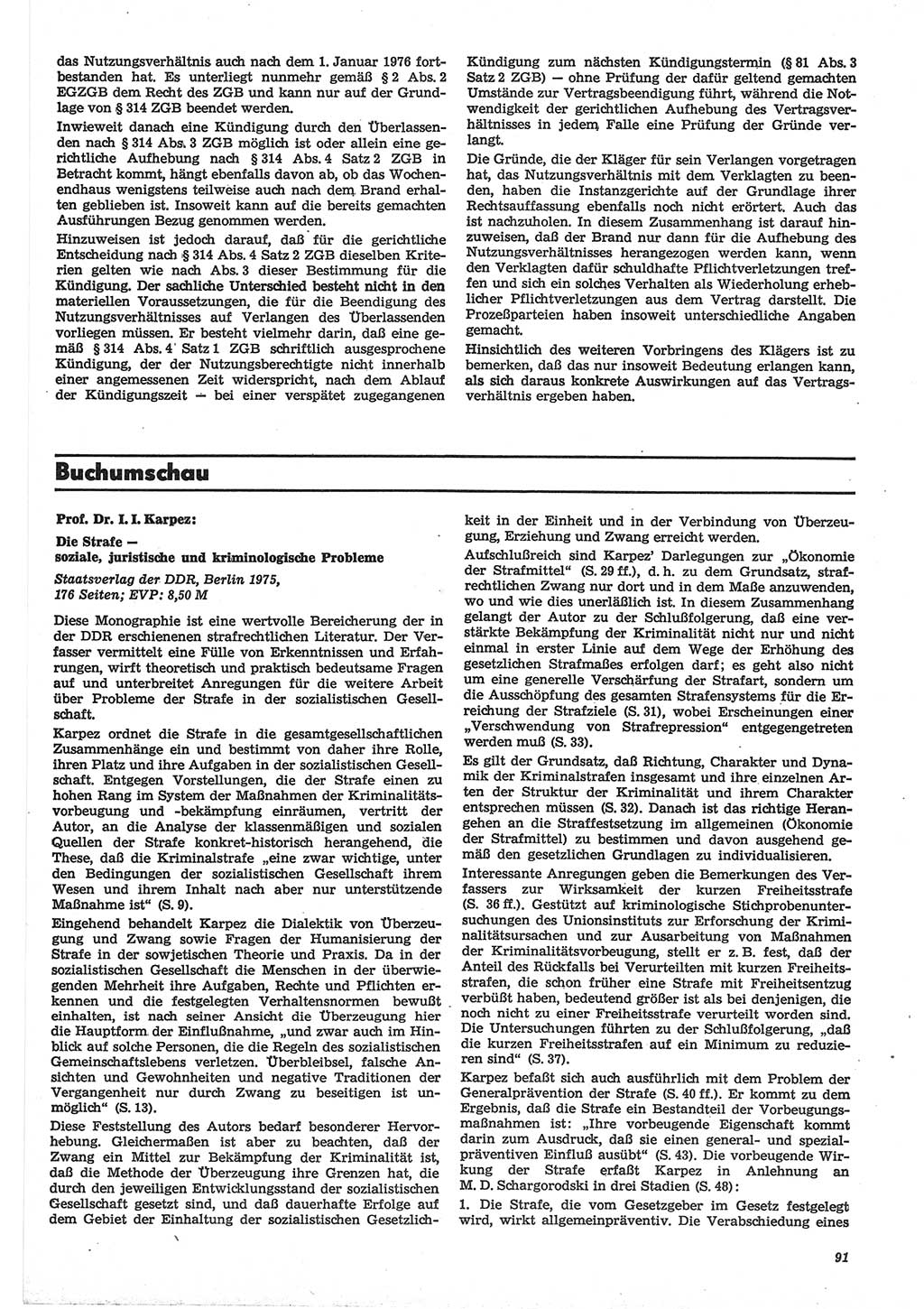 Neue Justiz (NJ), Zeitschrift für Recht und Rechtswissenschaft-Zeitschrift, sozialistisches Recht und Gesetzlichkeit, 31. Jahrgang 1977, Seite 91 (NJ DDR 1977, S. 91)