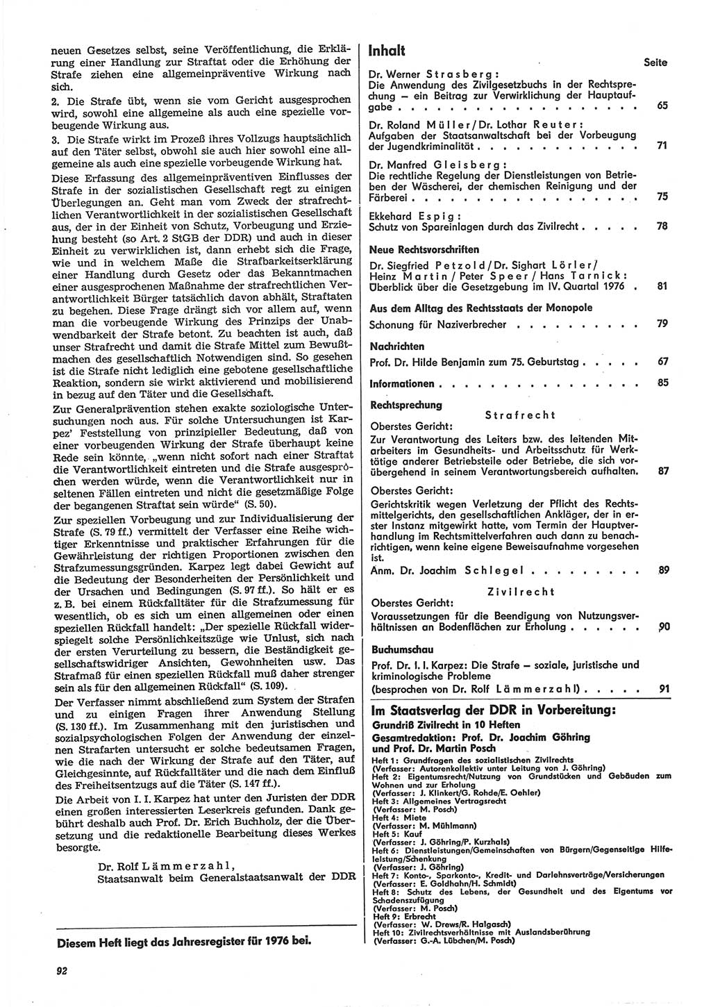 Neue Justiz (NJ), Zeitschrift für Recht und Rechtswissenschaft-Zeitschrift, sozialistisches Recht und Gesetzlichkeit, 31. Jahrgang 1977, Seite 92 (NJ DDR 1977, S. 92)