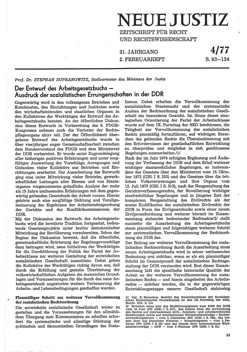 Neue Justiz (NJ), Zeitschrift für Recht und Rechtswissenschaft-Zeitschrift, sozialistisches Recht und Gesetzlichkeit, 31. Jahrgang 1977, Seite 93 (NJ DDR 1977, S. 93)