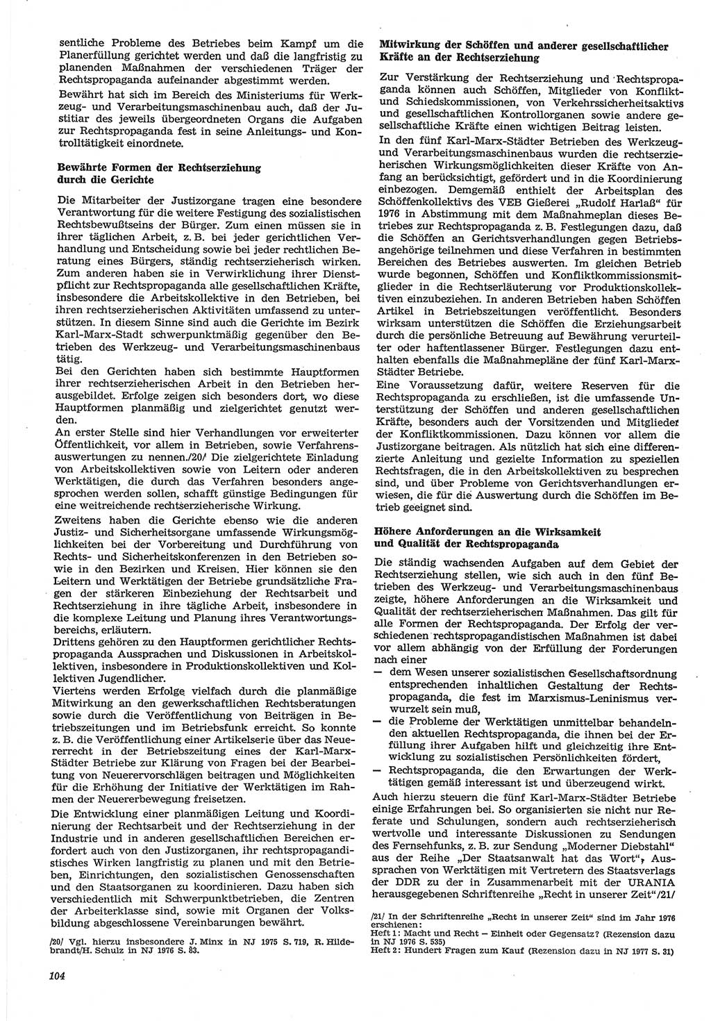 Neue Justiz (NJ), Zeitschrift für Recht und Rechtswissenschaft-Zeitschrift, sozialistisches Recht und Gesetzlichkeit, 31. Jahrgang 1977, Seite 104 (NJ DDR 1977, S. 104)