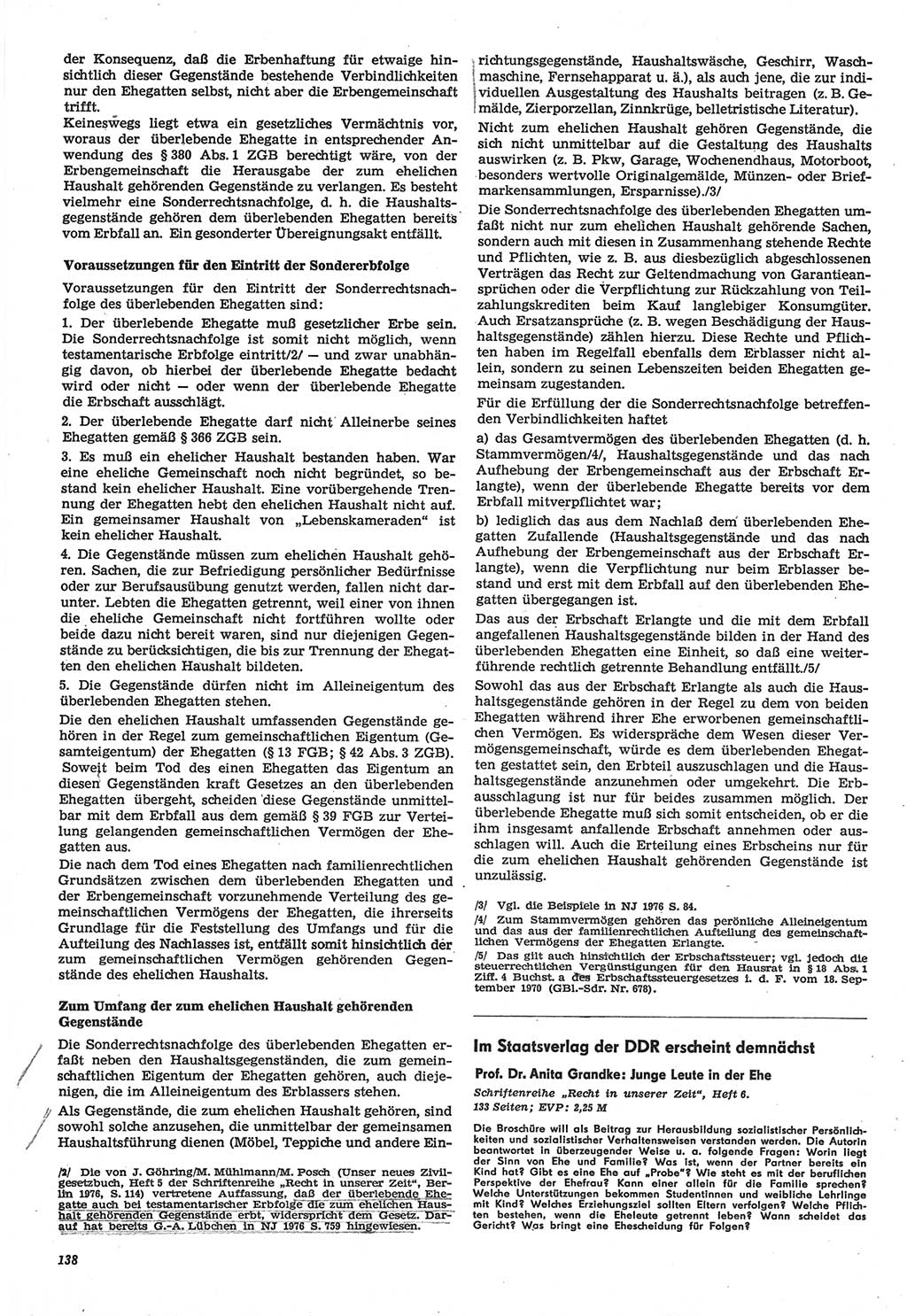Neue Justiz (NJ), Zeitschrift für Recht und Rechtswissenschaft-Zeitschrift, sozialistisches Recht und Gesetzlichkeit, 31. Jahrgang 1977, Seite 138 (NJ DDR 1977, S. 138)