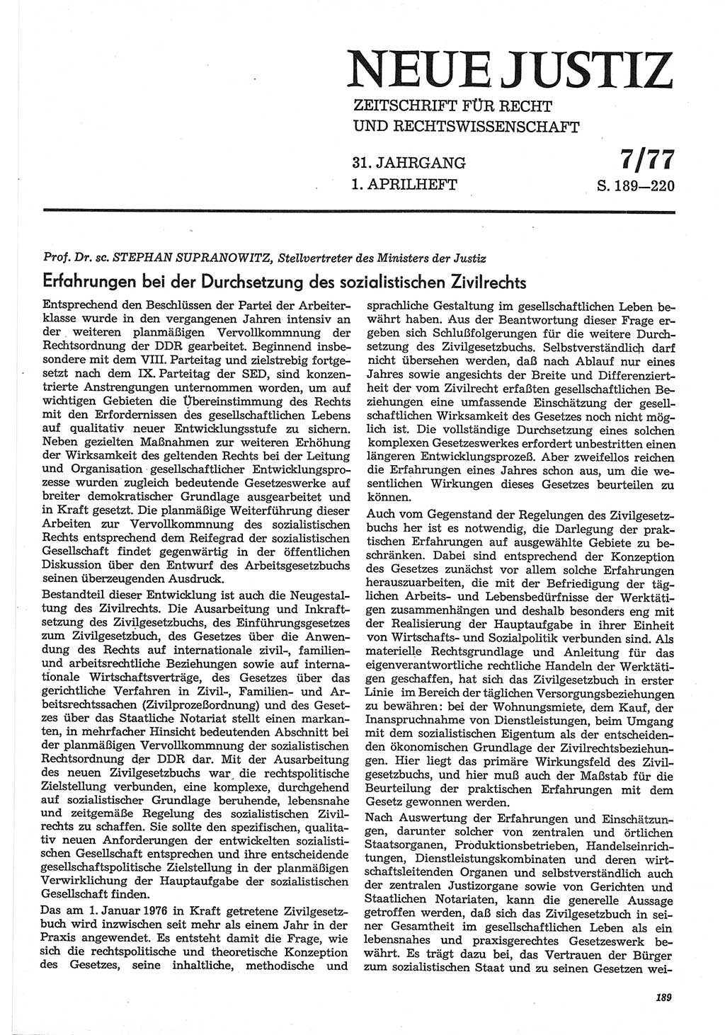 Neue Justiz (NJ), Zeitschrift für Recht und Rechtswissenschaft-Zeitschrift, sozialistisches Recht und Gesetzlichkeit, 31. Jahrgang 1977, Seite 189 (NJ DDR 1977, S. 189)