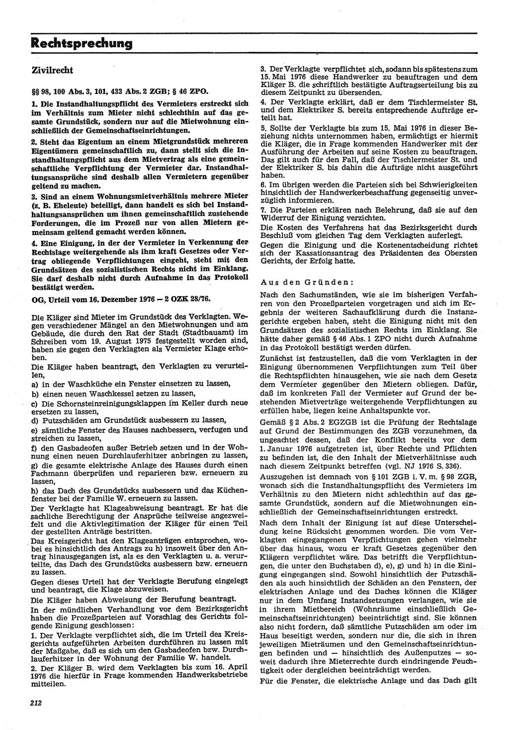 Neue Justiz (NJ), Zeitschrift für Recht und Rechtswissenschaft-Zeitschrift, sozialistisches Recht und Gesetzlichkeit, 31. Jahrgang 1977, Seite 212 (NJ DDR 1977, S. 212)