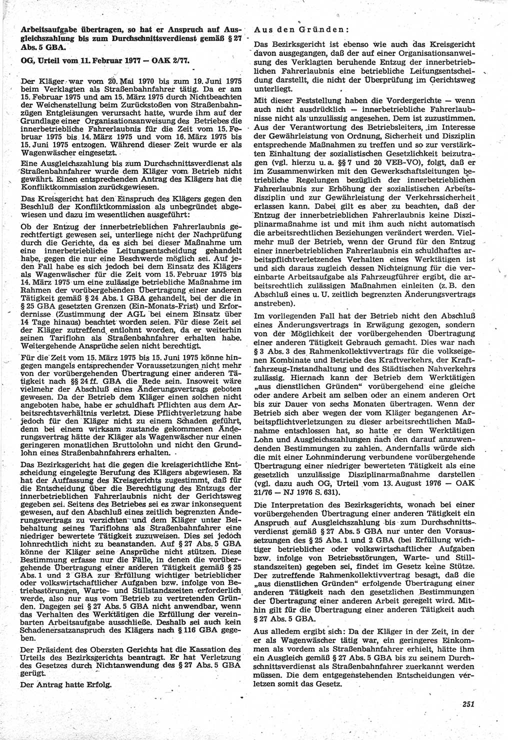 Neue Justiz (NJ), Zeitschrift für Recht und Rechtswissenschaft-Zeitschrift, sozialistisches Recht und Gesetzlichkeit, 31. Jahrgang 1977, Seite 251 (NJ DDR 1977, S. 251)